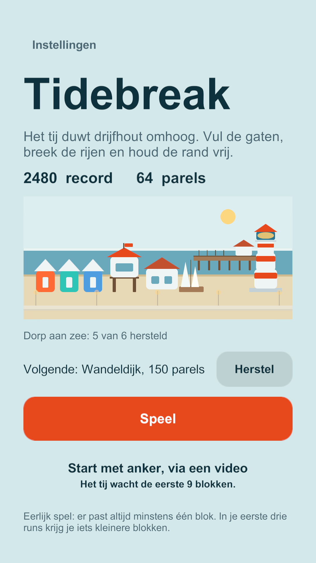 Het homescherm met het herstelde dorp aan zee